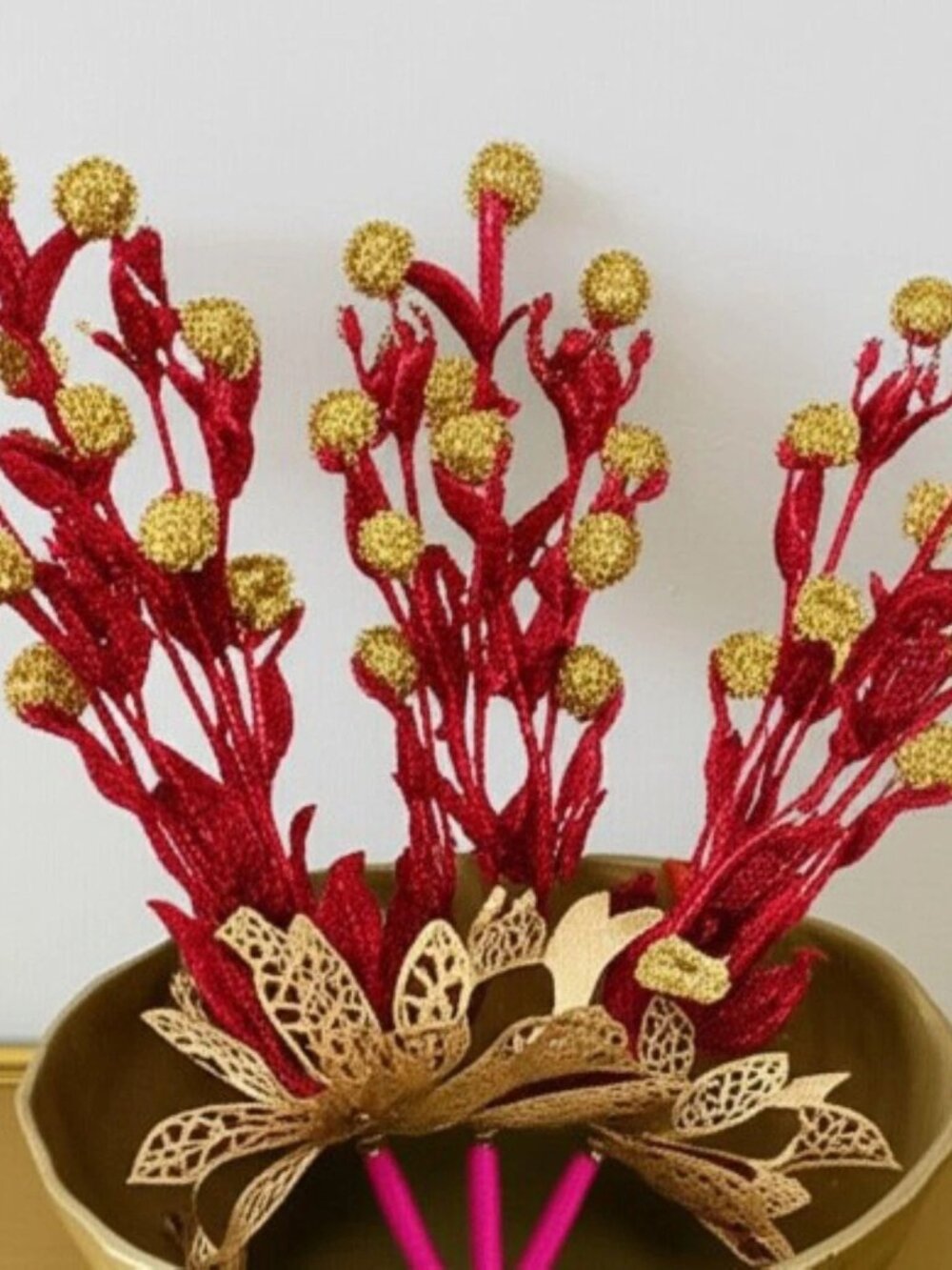 Red & Gold Christmas Glitter Pick Tree Trimming Accent Stem DIY Floral Pick